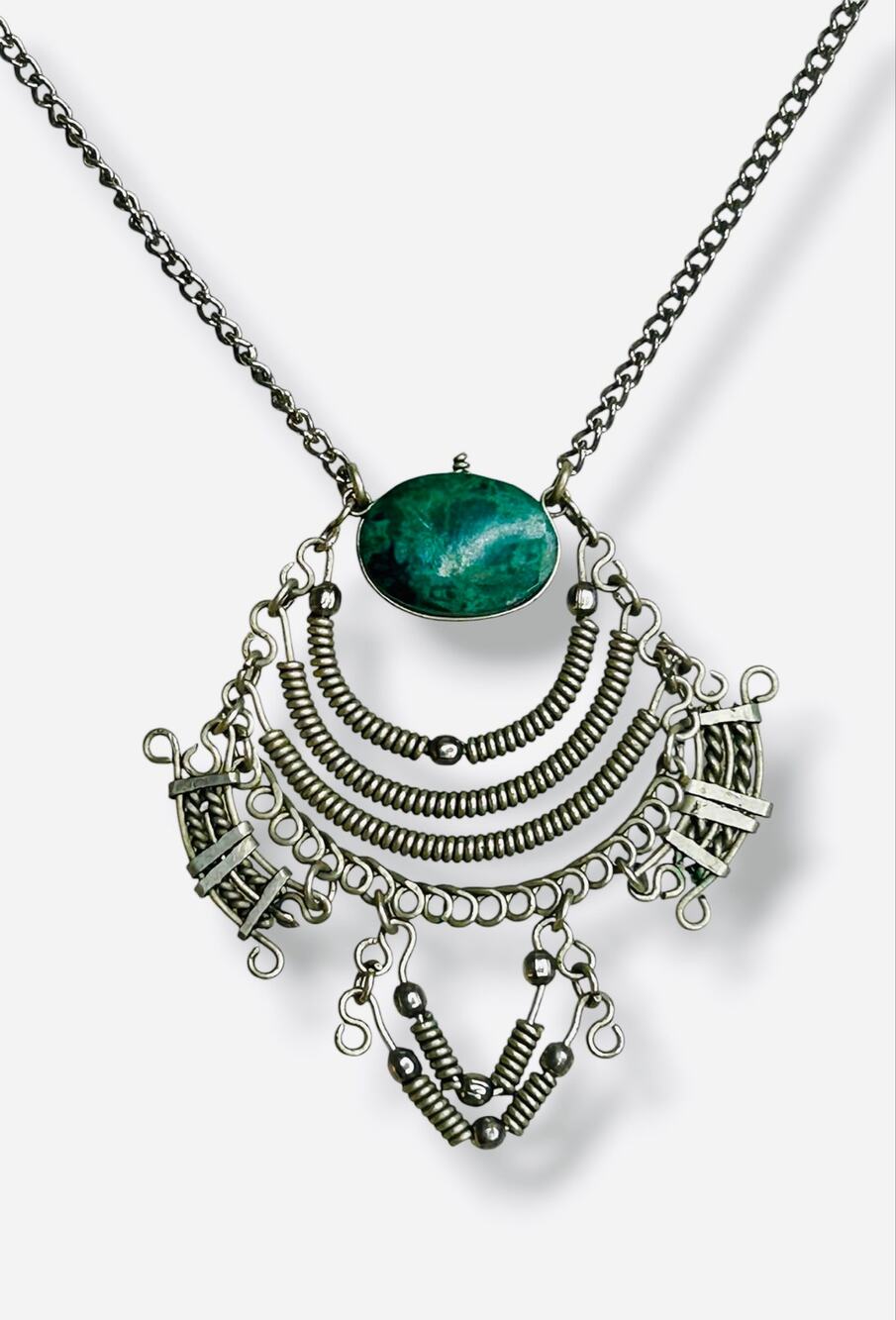 Vintage Egyptian Revival 1970s Artisan Necklace Green Malachite Stone Pendant